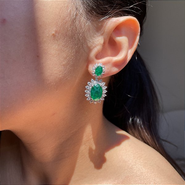 Brinco Oval Princess 2 em 1 Esmeralda Fusion Banhado a Ródio Branco