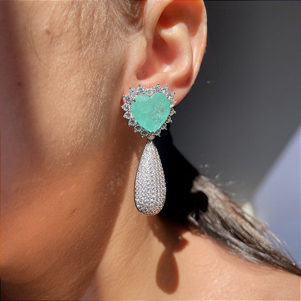 Brinco Coração Turmalina Fusion e Gota Cravejada Banhado a Ródio Branco