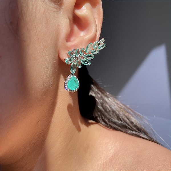 Brinco Ear Cuff Gota Cravejada Turmalina Fusion Banhado a Ródio Branco
