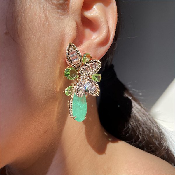 Brinco Meia Flor Baguetes Verde Menta e Gota Turmalina Banhado a Ouro