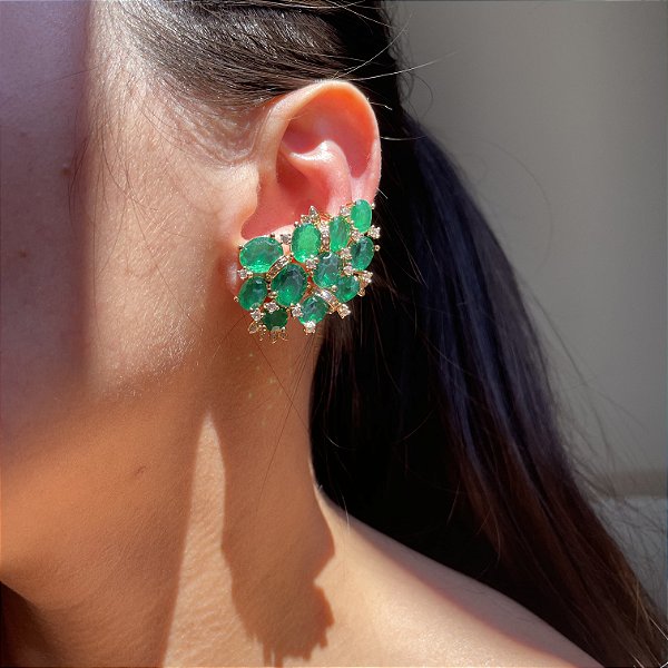 Brinco Ear Cuff Luxo Esmeralda Fusion Banhado a Ouro