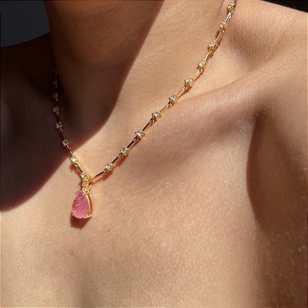 Colar Fio Faca Gota Light Pink Fusion Banhado a Ouro