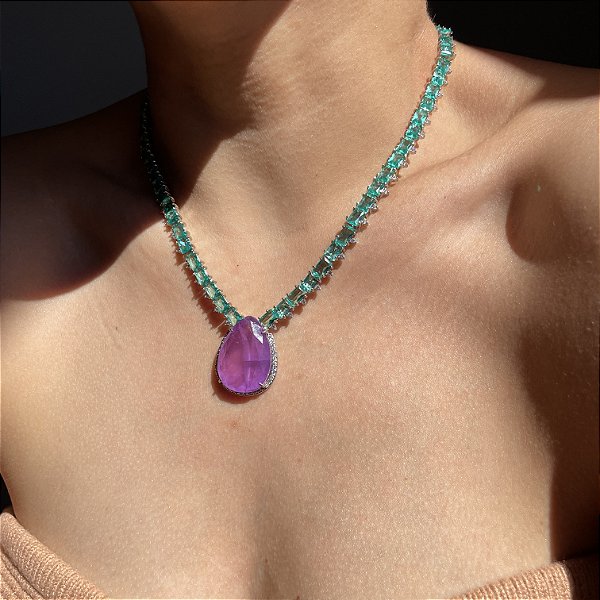 Colar Riviera Maleável Bicolor Turmalina e Gota Ultraviolet Fusion Banhado a Ródio Branco