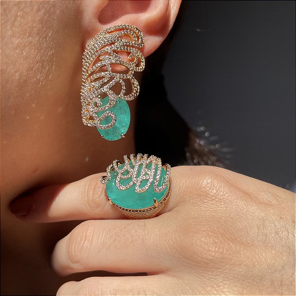 Conjunto Asa Luxo Turmalina Fusion Banhado a Ouro - Aro 18