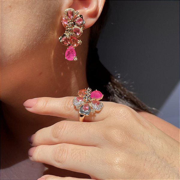 Conjunto Flores Safira Rosa e Pink Fusion Banhado a Ouro - Aro 19