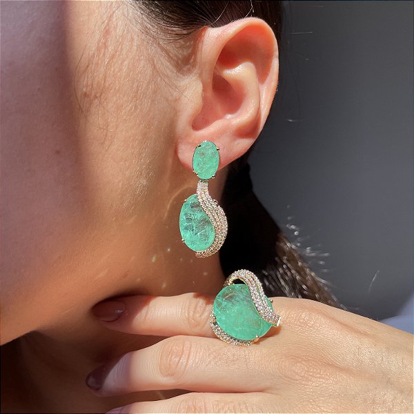 Conjunto Oval Cravejado em Cristal e Turmalina Fusion Banhado a Ouro - Aro 19