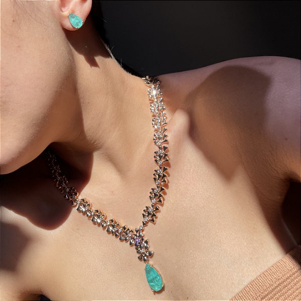 Conjunto Gravata Flores Gota Luxo Turmalina Fusion Banhado a Ouro