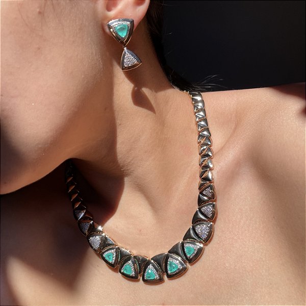 Conjunto Luxo Triângulo Turmalina Fusion Banhado a Ouro