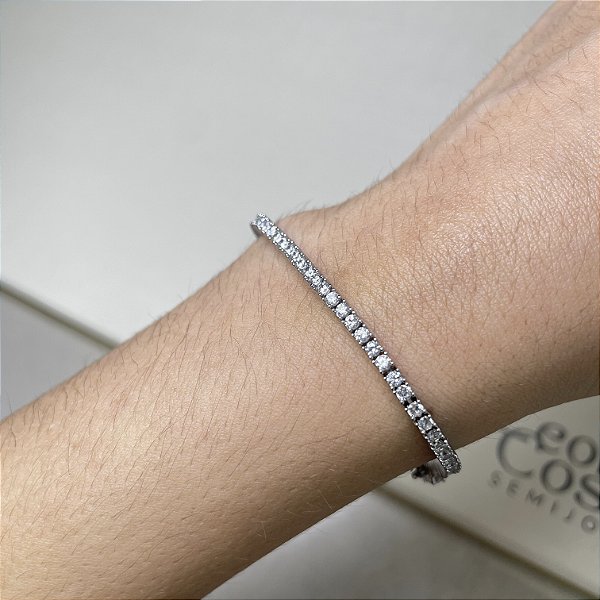 Pulseira Riviera 4 Garras Banhado a Ródio Branco - 2mm