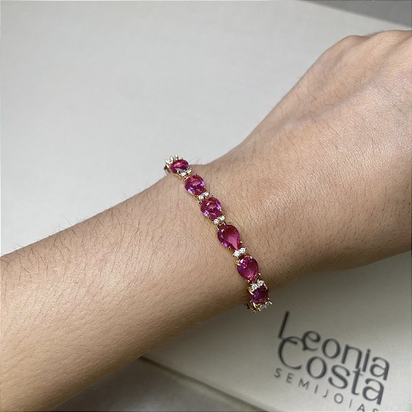 Pulseira Riviera Gotas Safira Rosa Banhado a Ouro