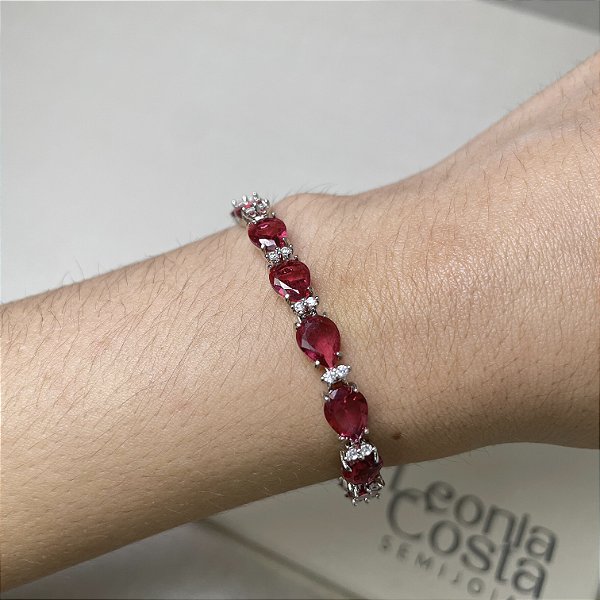 Pulseira Riviera Gotas Rubi Banhado a Ródio Branco