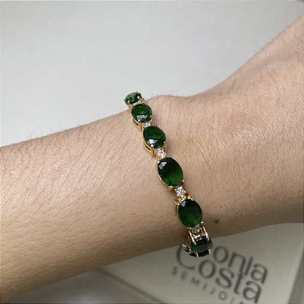 Pulseira Riviera Oval Verde Esmeralda Banhado a Ouro