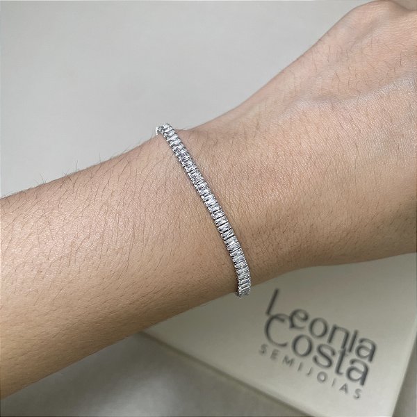 Pulseira Riviera Baguetes 3mm Banhado a Ródio Branco