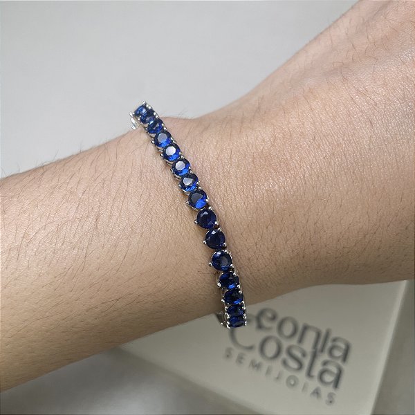 Pulseira Riviera 3 Garras Safira Azul Banhado a Ródio Branco