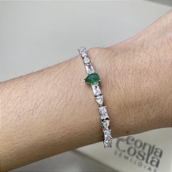 Pulseira Riviera Geométrica Gota Esmeralda Fusion Banhado a Ródio Branco