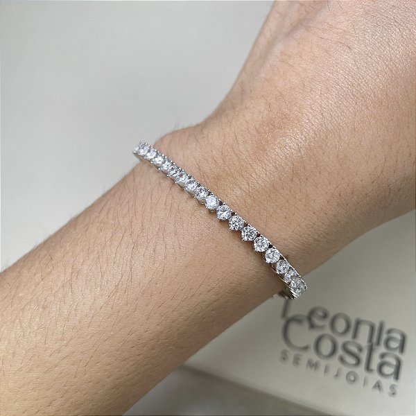 Pulseira Riviera 3 Garras Cristal Banhado a Ródio Branco - 3 mm
