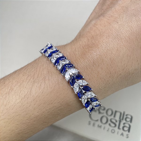 Pulseira Riviera Navetes Safira Azul Banhado a Ródio Branco