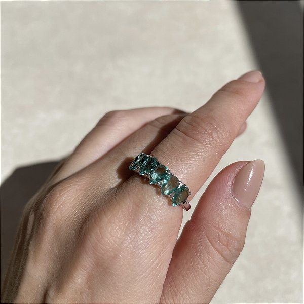 Anel Meia Aliança Gotas Turmalina Banhado a Ródio Branco - Aro Regulável