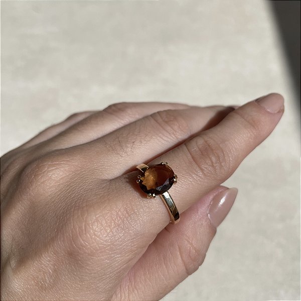 Anel Solitário Oval Mocha Mousse Banhado a Ouro - Aro 17