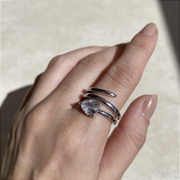 Anel Três Voltas Gota Cristal Banhado a Ródio Branco - Aro Regulável