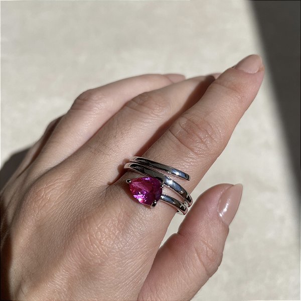 Anel Três Voltas Gota Safira Rosa Banhado a Ródio Branco - Aro Regulável