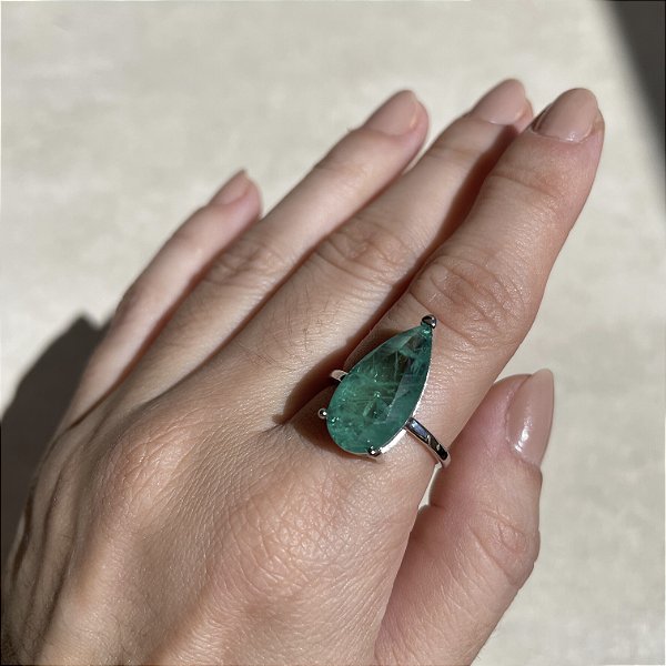 Anel Gota Verde Esmeralda Fusion Banhado a Ródio Branco - Aro Regulável