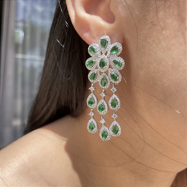 Brinco Flor Cascata Verde Esmeralda Banhado a Ródio Branco
