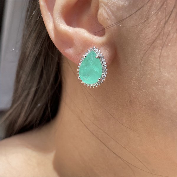 Brinco Gota Turmalina Fusion Borda Cravejada Banhado a Ródio Branco