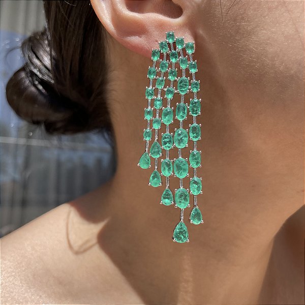 Brinco Maxi Franja Oval Verde Esmeralda Fusion Banhado a Ródio Branco