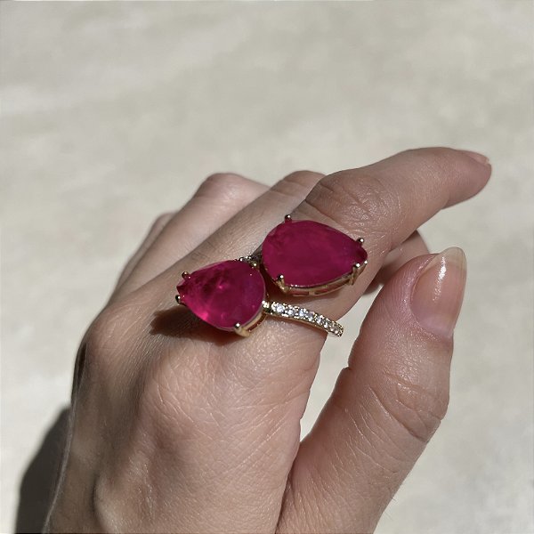 Anel Duas Gotas Turmalina Rosa Fusion Banhado a Ouro - Aro Regulável