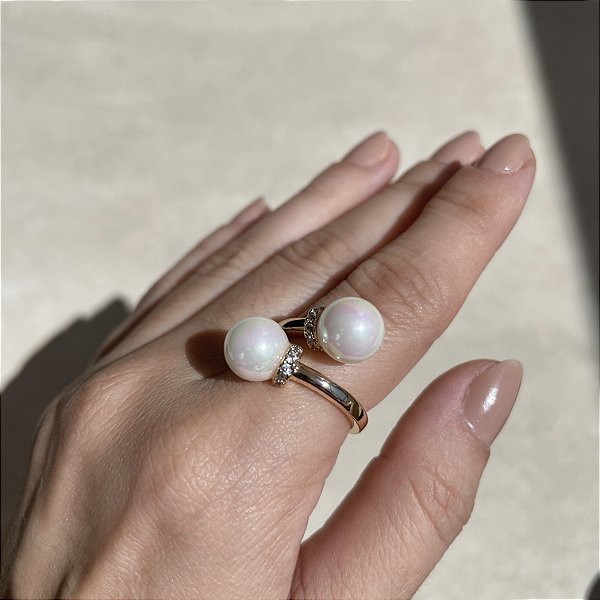 Anel Duplo Pérola Shell Banhado a Ouro - Aro Regulável