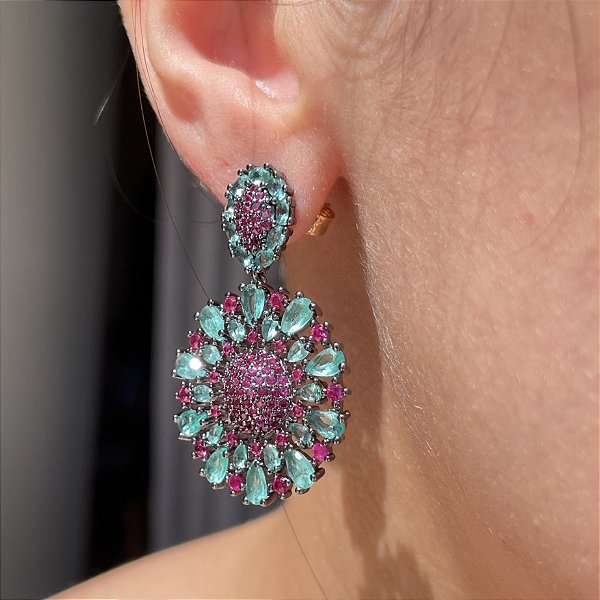 Brinco Mandala Bicolor Pink e Turmalina Banhado a Ródio Negro