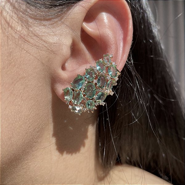 Brinco Ear Cuff Oval Turmalina Banhado a Ouro