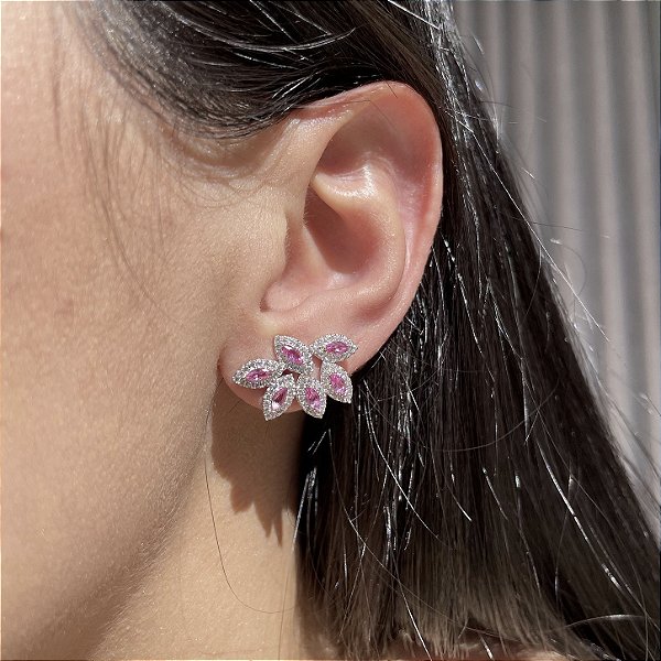 Brinco Ear Cuff Leaf Safira Rosa Banhado a Ródio Branco