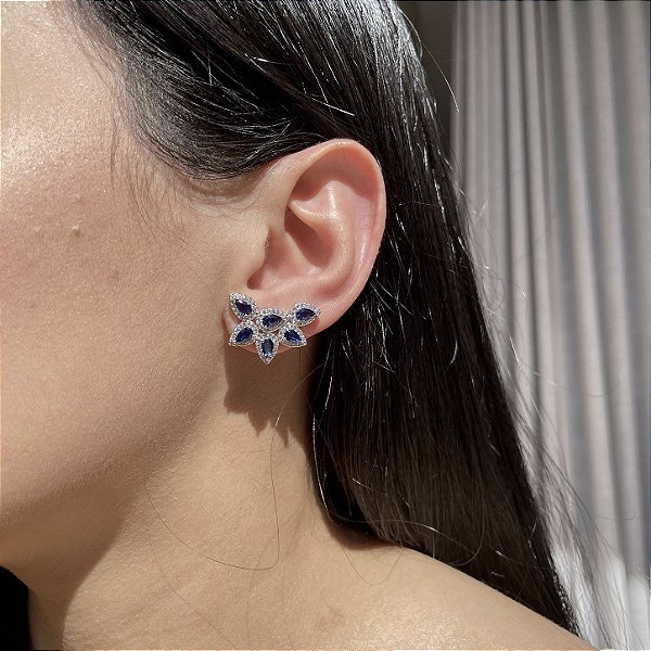 Brinco Ear Cuff Leaf Safira Azul Banhado a Ródio Branco