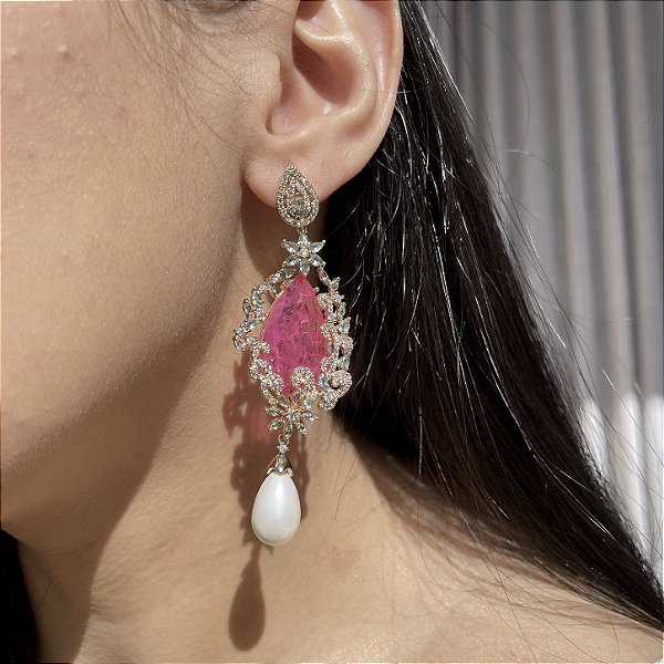 Brinco Gota Pink Fusion e Turmalina com Pêndulo Pérola Shell Banhado a Ouro