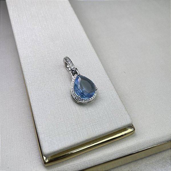 Pingente Avulso Gota Azul Banhado a Ródio Branco