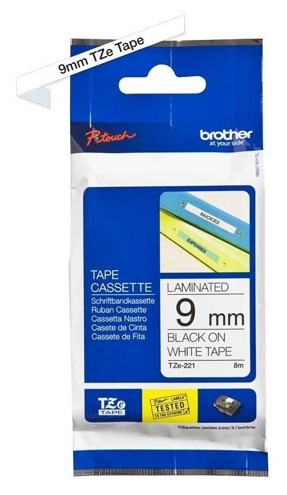 Fita etiquetadora Brother TZE-221, preta sobre branco 9mm