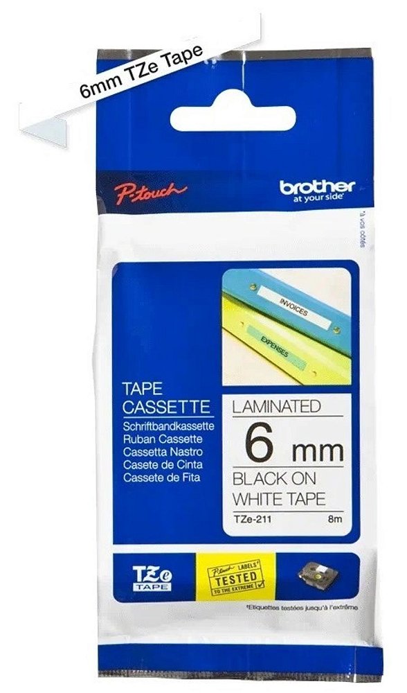 Fita de etiquetagem Brother P-touch Tze-211 6 mm 8 m preta sobre branco