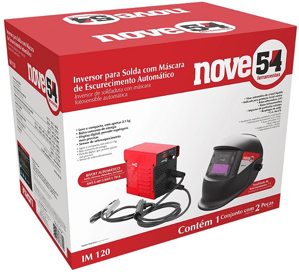 INVERSOR PARA SOLDA COM ELETRODO REVESTIDO, 120 A, BIVOLT, IM 120, COM MÁSCARA DE ESCURECIMENTO AUTOMÁTICO TONALIDADE 11, NOVE54