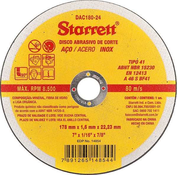 DISCO DE CORTE 177 MM X 1,6MM X 22,22 MM, DAC180-24, STARRETT