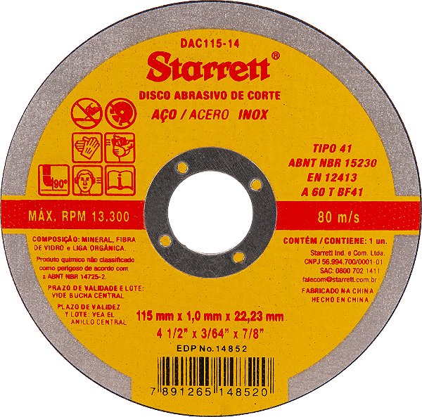 DISCO DE CORTE 115 MM X 1,0 MM X 22,2 MM, DAC115-14, STARRETT