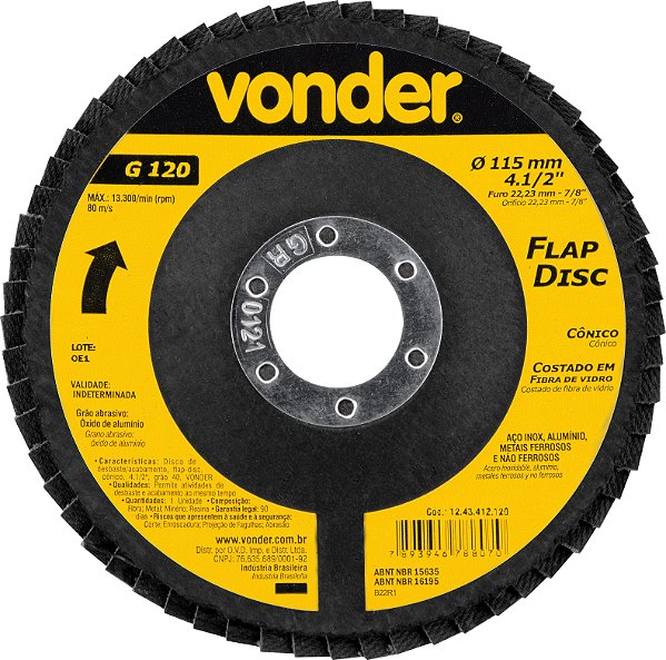 DISCO DE DESBASTE/ACABAMENTO, FLAP-DISC, CÔNICO, 4.1/2", GRÃO 120, VONDER