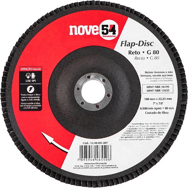 DISCO DE DESBASTE/ACABAMENTO, FLAP-DISC, RETO, 7", GRÃO 80, NOVE54
