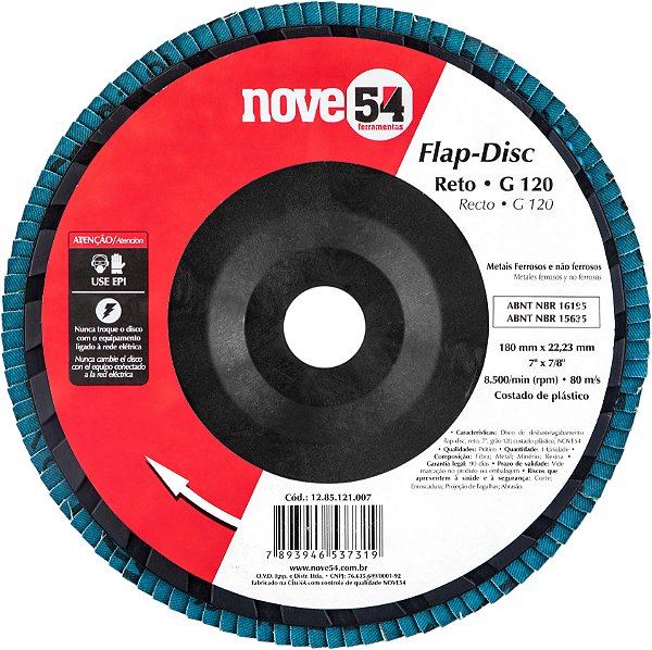 DISCO DE DESBASTE/ACABAMENTO FLAP-DISC, RETO, 7", GRÃO 120, NOVE54