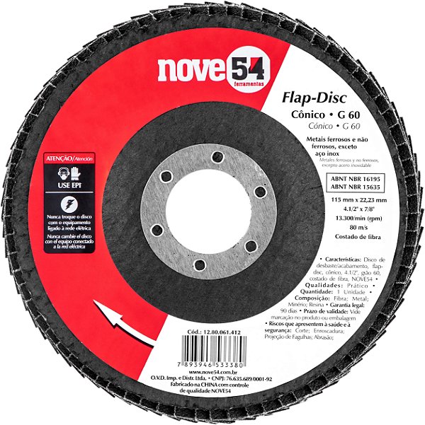 DISCO DE DESBASTE/ACABAMENTO, FLAP-DISC, CÔNICO, 4.1/2", GRÃO 60, NOVE54