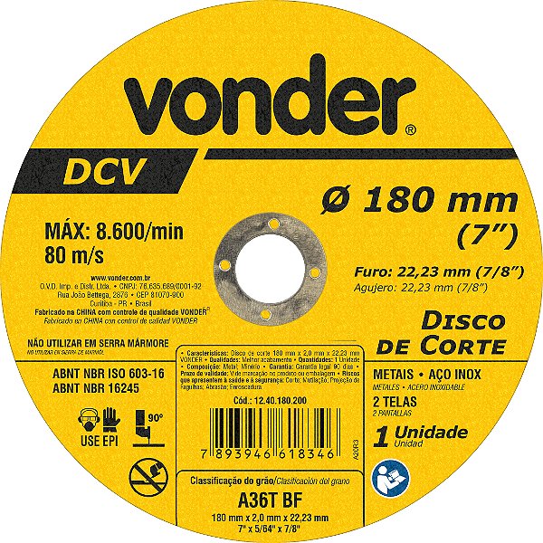 Disco de corte 180 mm x 2,0 mm x 22,23 mm DVC, VONDER
