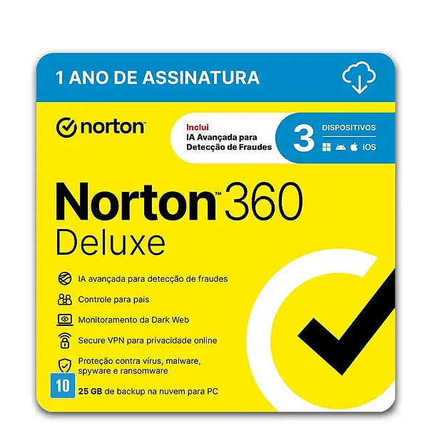Norton Antivirus 360 Deluxe 25GB 3 Dispositivos 1 Ano
