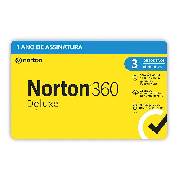 Norton Antivirus 360 Deluxe 25GB 3 Dispositivos 1 Ano