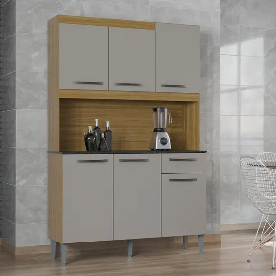 Armario Kit Cozinha Compacta 6 Portas 120cm Livia Poquema Damasco/Off White